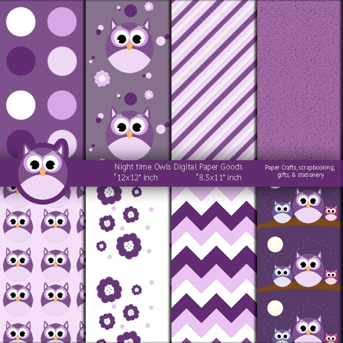Night Time Purple Owls Digital Paper Goods Digital Patterns Purple Scrapbook Paper Premade Pages